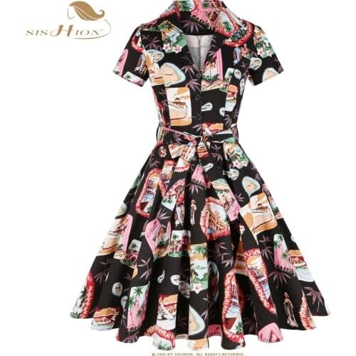 SISHION Tunic Party Women Summer Dress SD0002 Short Sleeve Plus Size 50s Vintage Boho Y2K 50s 60s Cotton Vintage Black Dress