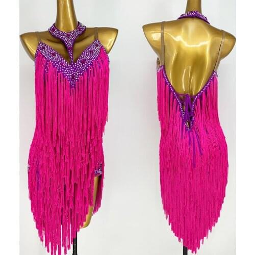 Rose Pink Latin Dance Dress Women Multi Layers Fringe Diamond Competitive Dance Costumes Samba Rumba Cha Cha Show Costume BL6591