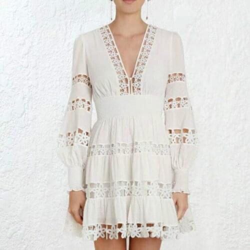 High Quality 2019 Spirng V-neck Hollow Out Long Sleeve Female Holiday Mini Dress