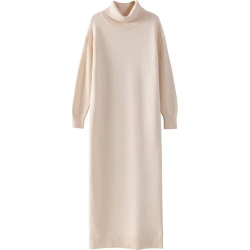 Extra Long Sweater Dress Women Autumn and Winter High-neck Long Sleeve Knitted Bottoming Dress Thick Shirt Femme Robe