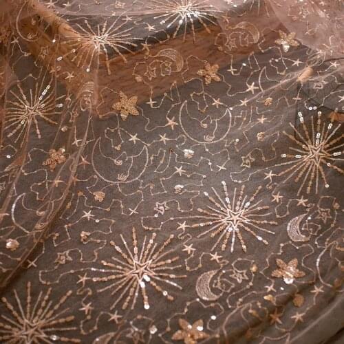135cm Gold Sequined Stars Moon Embroidery Mesh Lace Fabric For Evening Party Dress Women Skirt Bridal Tulle Dress Sequins Fabric