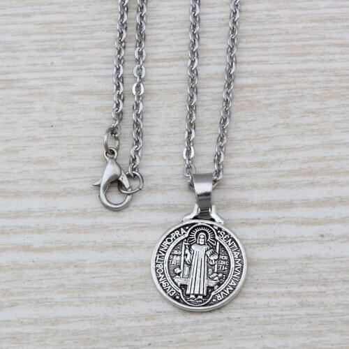 20pcs Zinc Alloy Metal Saint Benedict Medal Charms Pendant Necklaces 20Inches Chains C25
