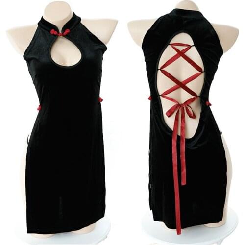 Erotic costumes velvet cheongsam back straps corset sexy hollow uniform temptation female cosplay sexy lingerie intimate goods