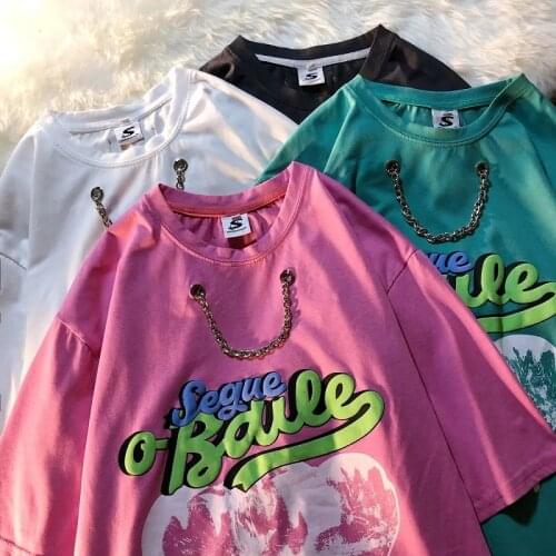 Womens Chain T Shirt Printed Fashion streetwear Tshirt Harajuku Shirt Summer Women T-Shirt Pink Tops Female T-shirts punk top