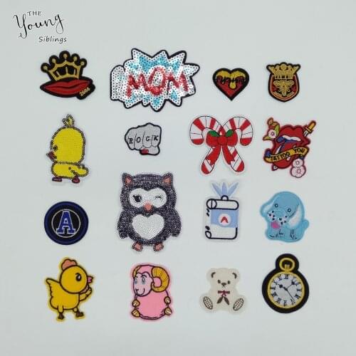 Exquisite Owl Letter Patch Cartoon Sequins Iron on patches Kids DIY Stripe Sewing Embroidery stickers For Clothing Accessories