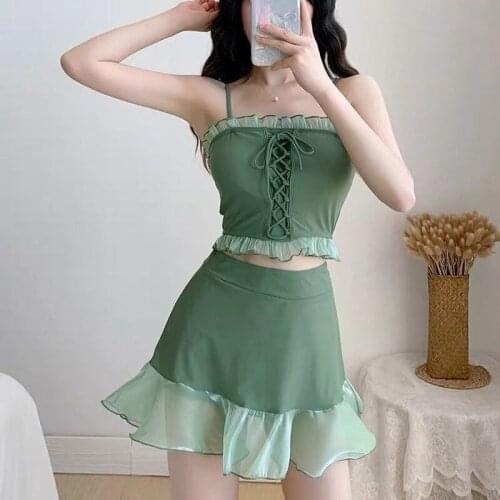 Bikini Sets Women Summer Spliced Mesh Dot Lace-up Swimwears Japanese Style Puff Sleeve Sweet Girls Safety Swimsuit Summer Cute