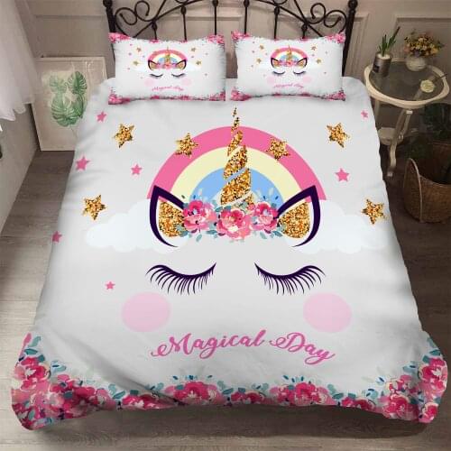 KTLRR 3D HD Digital Printing Custom Bedding Set,Cartoon Duvet Cover Set Queen King Kids Child,Bedclothes Cute rainbow Unicorn