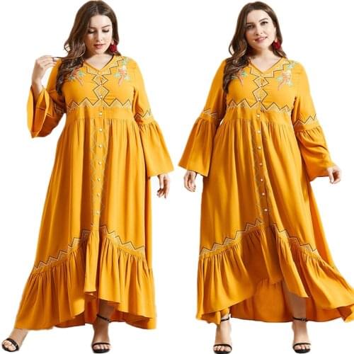 Fashion Muslim Embroidery Women Open Buttons Ruffles Maxi Dress Abaya Kaftan Jilbab Cocktail Party Loose Arab Gown Robe M-4XL