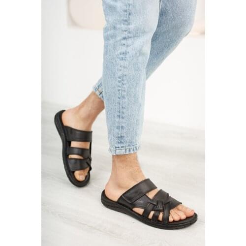 Mens Genuine Leather Puff Sold Slippers Flip flops man Sandals Summer Shoes Comfortable Soft Sturdy Slippers Beach Hiking Shoes