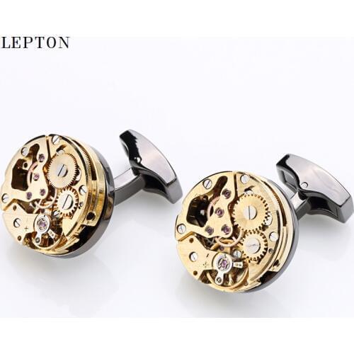 Newest Gold Color Watch Movement Cufflinks of immovable Hot Stainless Steel Steampunk Gear Watch Mechanism Cuff links for Mens