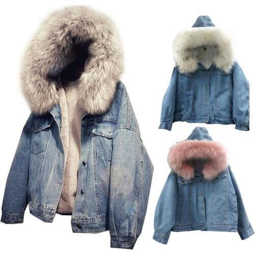 Fall And Winter New Korean Hooded Cotton Jacket Thick Fleece Short Jean Jacket Fashion Large Fur Collar Cotton Coats