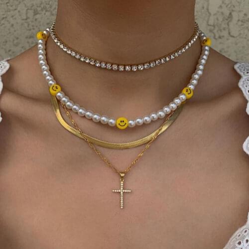 4 Pieces Boho Smiley Face Pearls Beaded Necklace For Women Handmade Bead Pearl Necklaces Rhinestone Choker Retro Femme Jewelry