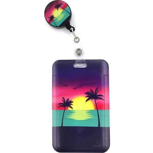 Sailing Sun Sunset Coconut Tree Cute Card Cover Clip Lanyard Retractable Student Nurse Badge Reel Clip Cartoon ID Card Holder