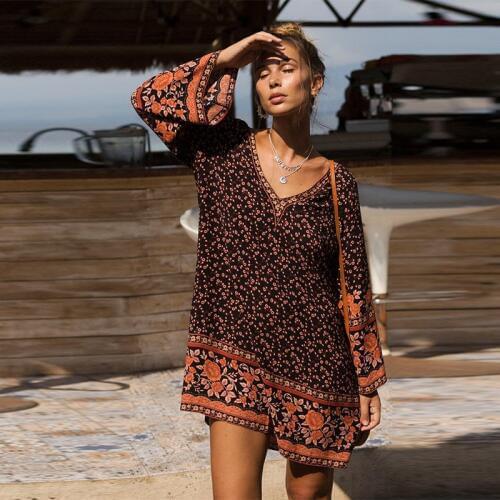 TEELYNN mini dress rayon floral print v-neck long sleeve summer dresses loose Gypsy short dress Boho dress for women vestido