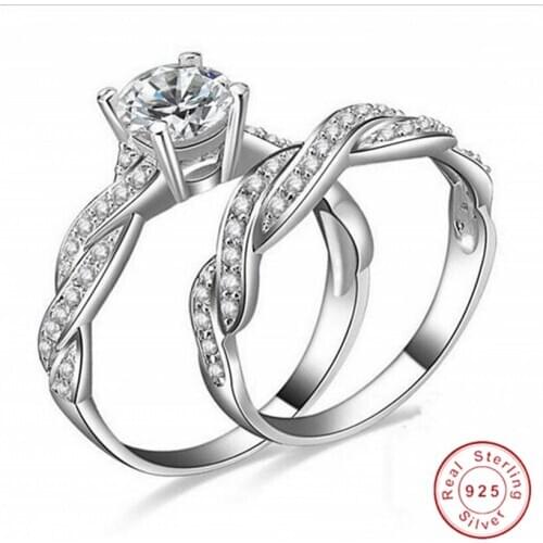 Luxury Round 2ct Diamond Rings Set 2-in-1 Handmade 925 silver Wedding Anniversary Rings for Women 18K yellow gold jewelry