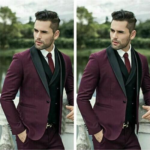 Dark Purple Mens Suits Peak Lapel Slim Fit Wedding Suits Tuxedo Groom Suits For Men Best Man 3pcs Jacket & Pants & Black Black