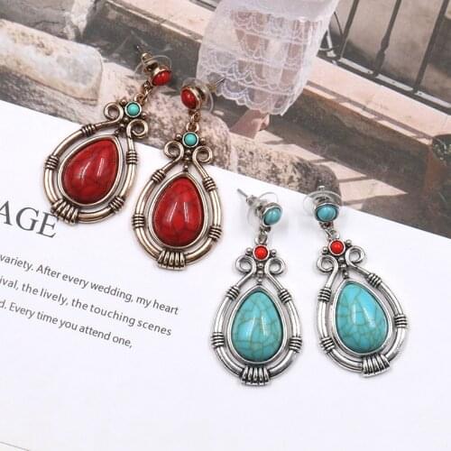 Vintage Ethnic Water Drop Stone Beads Earrings Boho Red Blue Indian Jewelry Wedding Ornaments Accessories