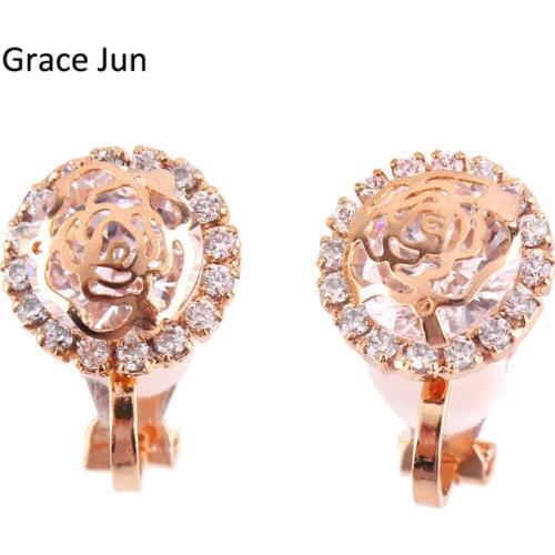 Top Quality Full AAA CZ Rose Flower Shape Clip on Earrings Non Piercing for Girls Kid Cute Needn't Ear Hole Earrings 2017 New