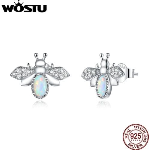 WOSTU Real 925 Sterling Silver Little Opal Bees Earrings Shiny CZ Stud Earrings For Women Fashion Silver Jewelry CQE1021
