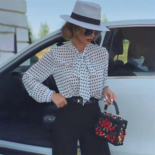 Vintage Womens Summer Mesh Shirt See-through Polka Dot Bow Long Sleeve Casual Shirts Top Black Lace Sheer Loose Blouse Tops hot