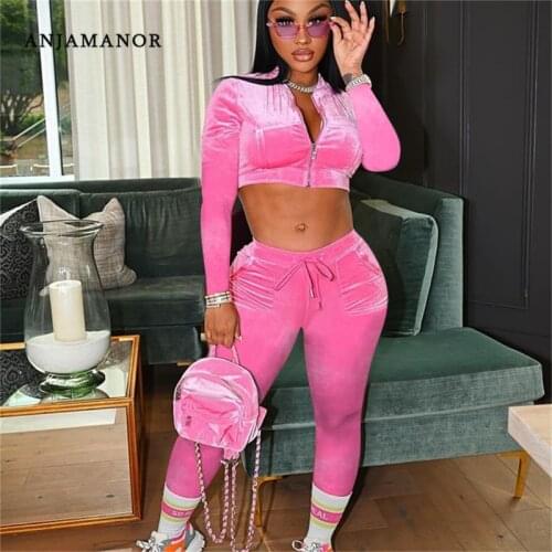ANJAMANOR Sports Two Piece Pants Sets Fall Clothes for Women Velvet Tracksuit Jogging Suit Bodycon Outfits Wholesale D44-DG53