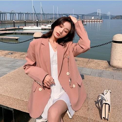 Spring Autumn 2021 High Quality Korean Female Pink Blazers Loose Double Breasted Long Sleeve Casual Chain Suit Jacket Coat Femme