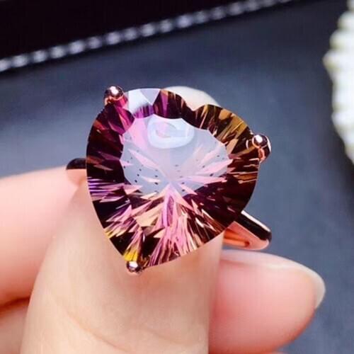 Natural amethyst woman ring s925 sterling silver plated 18K gold oversized heart-shaped gemstone index finger color Female ring