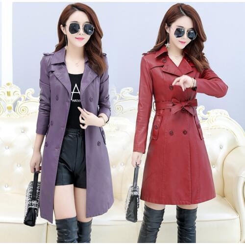 2018 autumn and winter womens new pu leather womens long section large size 4XL/5XL jacket Slim trench coat