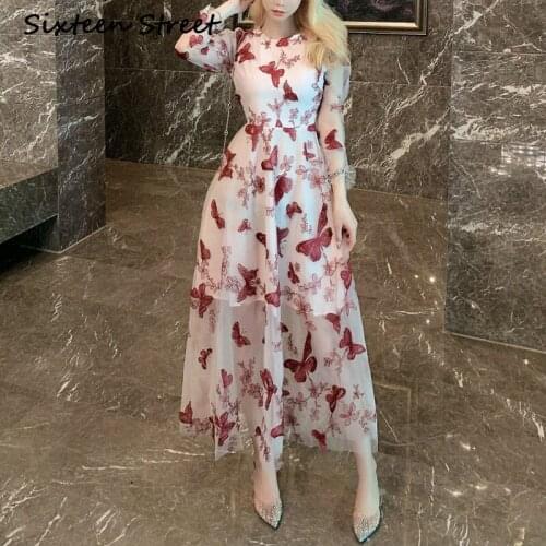 Butterfly Embroidery Mesh Dress Woman Fall New Fill-sleeve Vintage O-neck Vestidos Maxi Party Dresses Spring Female Clothing
