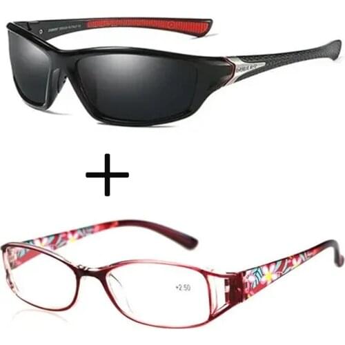 2Pcs!!! Rectangular Comfortable Frame Ultralight Red Reading Glasses for Women Ladies and Sports Polarized Sunglasses for Men