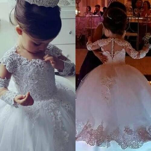2020 Fashion Flower Girls Dresses Jewel Long Sleeves Lace Tulle Girls Pageant Gowns Ball Gown First Communion Dress