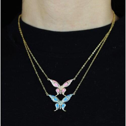 2021 New Spring Elegant Butterfly Necklace Gift For Women Girlfriend Cz Pink Blue Neon Enamel Animal Pendant Jewelry Wholesale