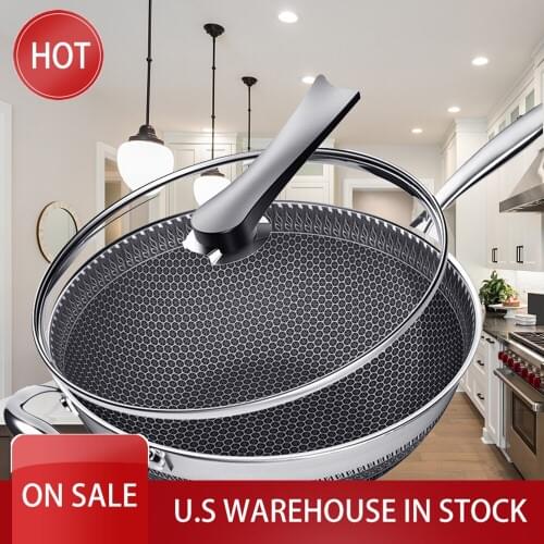 34cm Double-Sided Screen Honeycomb Stainless Steel Wok Without Oil Smoke Frying Pan Pan Non-Stick Cookware Kitchen Cooking Pot