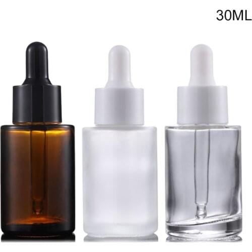 360pcs Factory Wholesale 30ml Flat Shoulder Glass Dropper Bottle Refillable Frost Clear Amber Essential Oils Serum Vials
