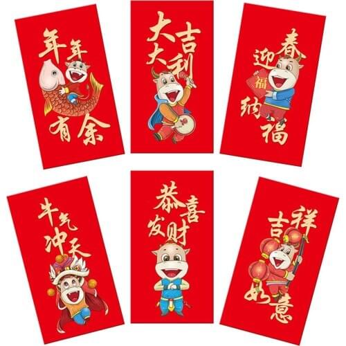 6Pcs 2021 Thicken Ox Year Red Envelope Cartoon Personality Creative Money Bag Red Packet New Year Money Pouches Party Gift Box