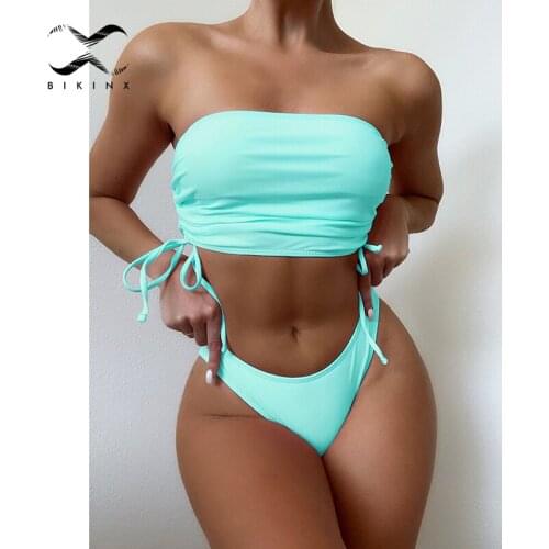 Off-shoulder bandeau bikinis 2021 mujer Solid bathing suit High cut womens swimming suit String swimwear Sexy bodysuits Beach