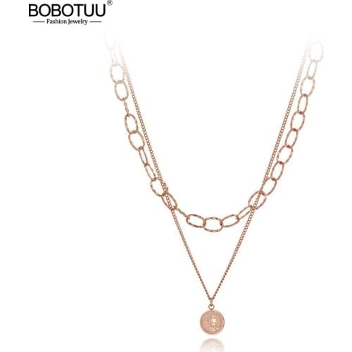 BOBOTUU Bohemia Stainless Steel Double-layer Choker Necklace Queen Charm Pendant Chain Link Jewelry For Women цепочка BN20049