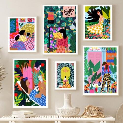 Bohemian Style Abstract Girl Flower Plant Nordic Vintage Poster Wall Art Prints Canvas Painting Decor Pictures For Living Room