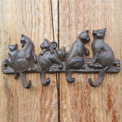 European Country Style Six Cats Design Vintage Cast Iron Wall Decor Hook with Four Hangings Handmade Rustic Home Garden Racks