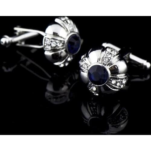 Business Ink Blue Round Crystal Cufflinks Studded French Buttons with Diamonds Jewelry Clothing Accessories