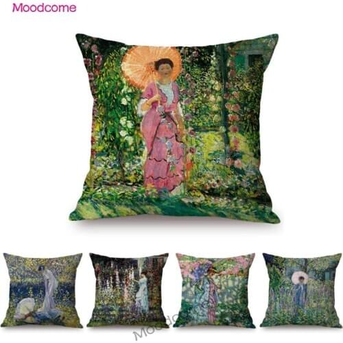 US Frederick C. Frieseke Impressionism Oil Painting Flower Garden Madame Lady Girl Sofa Pillow Case Green Spring Cushion Cover