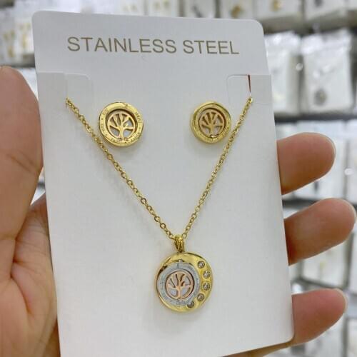 Hot Stainless steel SET Tree of Life Crystal Round Small Pendant Necklace Gold Silver rose Color Elegant Women Jewelry Gifts