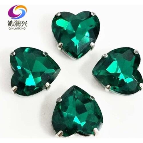 Malachite green heart shape top quality Glass Crystal claw rhinestones,sew on stone with hole for Diy Clothing accessories SWH15