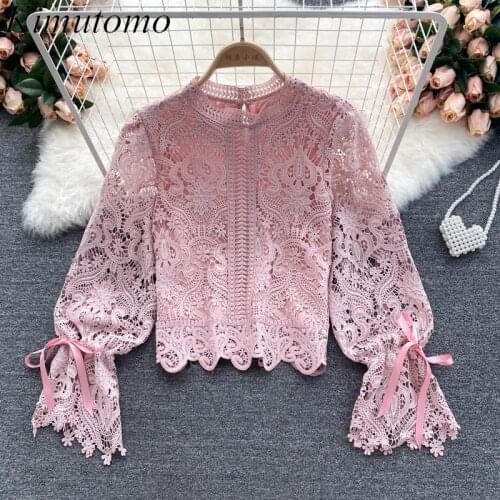 Kimutomo Sweet Flare Sleeve Blouse Female Chic Hollow Out Lace Slim O-neck Blouse Women Elegant Solid All Matching Short Tops