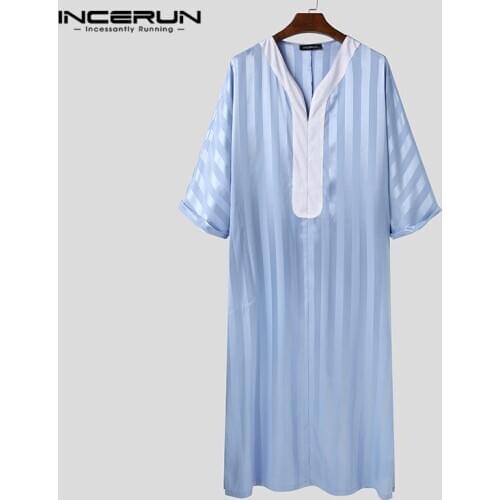 Men Muslim Jubba Thobe Patchwork Striped V Neck Long Sleeve 2021 Robes Dubai Retro Saudi Arabia Islamic Men Kaftan INCERUN S-5XL