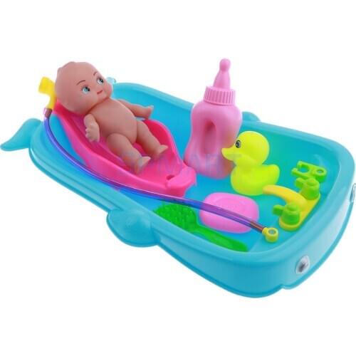 Set of Kid Baby Role Pretend Play Game Taking Care Doll Bath in Bathtub Developmental Educational Water Toy w/ Doll Gift