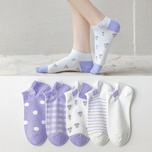 The New Women Purple Cotton Breathable Short Heel Boat Socks Personalized Shallow Mouth Rabbit Cloth Label Embroidery Female