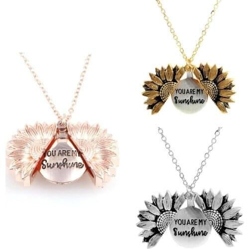 Vintage Metal Flower Plant Necklace Women Elegant You Are My Sunshine Locket Necklace Open Long Sweater Necklace Boho Jewelry