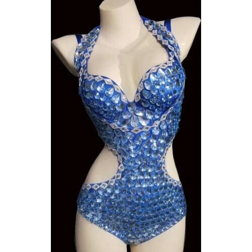 Sexy Stage Flashing Blue Silver Rhinestone Bra Low Collar Bodysuit Women Singer Jazz Dance Show Outfit Prom Party Spandex Outfit