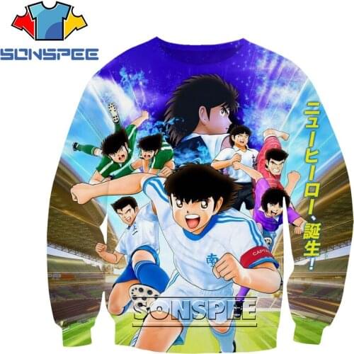 SONSPEE 3D Anime Captain Tsubasa Printed Sweatshirt O-Neck Cartoon Parent-child Football World Cup Sports Oversized Mens Tops